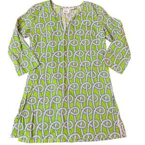 Gretchen Scott Tunic Top 3/4 Sleeve Green Rope Print Slit Shrimp 100% Cotton